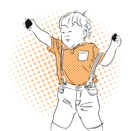 Little cute boy throw rocks. Vector Vintage Hand Drawn Artwork.のイラスト素材