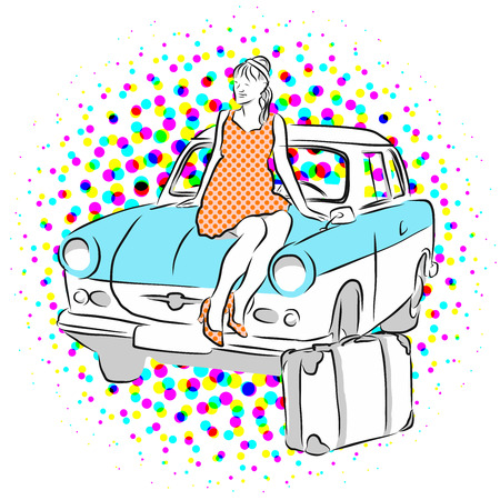 Woman and Old East German Car, Vintage Vector Hand Drawn Artworkのイラスト素材