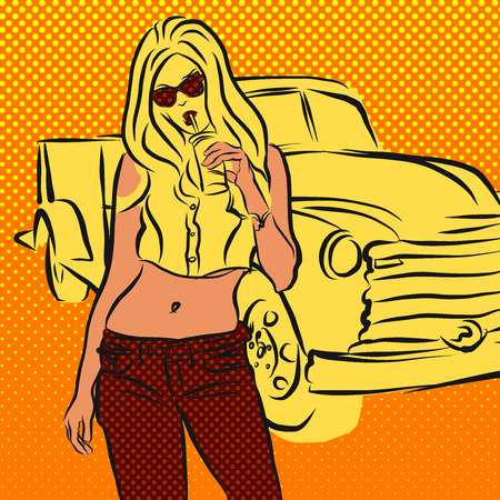 Yellow Woman and Old US Pickup, Halftone Hand Drawn Vector Pop Artworkのイラスト素材