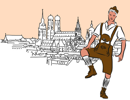 Schuhplattler in Munich, Vector Hand Drawn Sketch. Orange Colored Front and Background.のイラスト素材