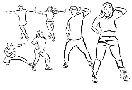 Three Poses Duett, Hip Hop Choreography Coloring Page, Hand Drawn Sketched Artworkのイラスト素材
