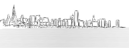 Chicago Outline Sketch with Michigan Lake in Foreground, Hand Drawn Vector Illustrationのイラスト素材