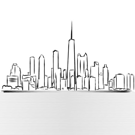 Chicago Skylinie Sketch. View from Michigan Lake, Hand Drawn Vector Illustrationのイラスト素材