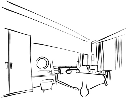 Hotel Room Interieur Coloring Page, Hand Drawn Outline Sketch,のイラスト素材