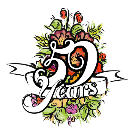 59 Years with nice bouquet of flowers, Greeting Card Design, Hand Drawn Artworkのイラスト素材
