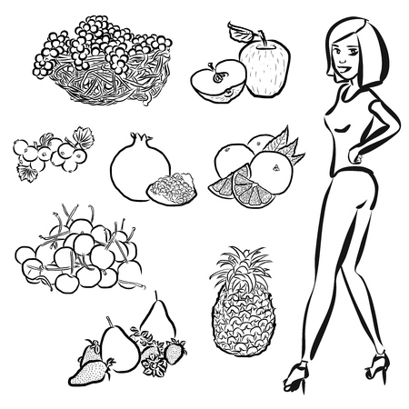 Fruits Outline Sketches with nice healty Girl, vector Artworkのイラスト素材