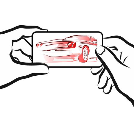 Car Rental App Concept Sketch with Smartphone in Hands, Vector Artworkのイラスト素材