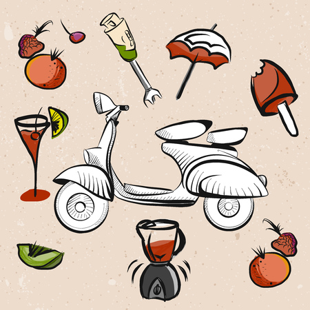 Italian Scooter, Fruits and Smoothie Signs, Hand Drawn Vector Artworkのイラスト素材