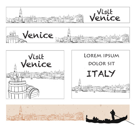 Venice Online Marketing Banner Layout, Hand drawn Vector Outline Artworkのイラスト素材