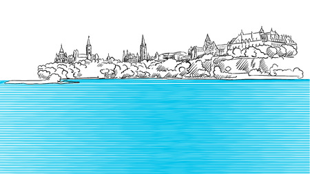Ottawa Panorama Sketch seen from Ontario River, Hand drawn Outline Artworkのイラスト素材