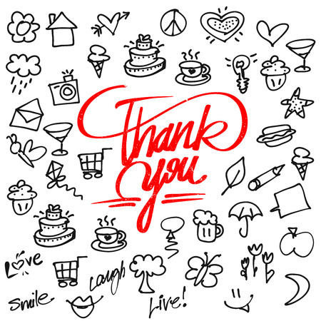 Thank you letter Typo and Icons, Hand drawn Calligraphy Greeting Card Conceptのイラスト素材