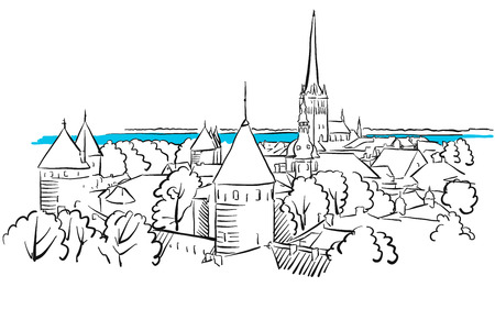 Riga Ancient Panorama Greeting Card Sketch, Hand-drawn Outline Artwork Illustrationの写真素材