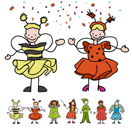 Various sketched flat Children celebrate Carnival, hand-drawn vector Artworkのイラスト素材