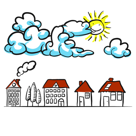 Building sketches 2D with clouds Comic backgroundのイラスト素材