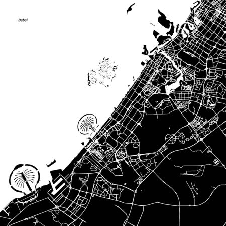 Dubai Vector Map, Artprint. Black Landmass, White Water and Roads.のイラスト素材
