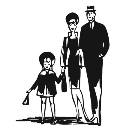 Vintage Family walk leisure time, Vector Black and White Artprintのイラスト素材