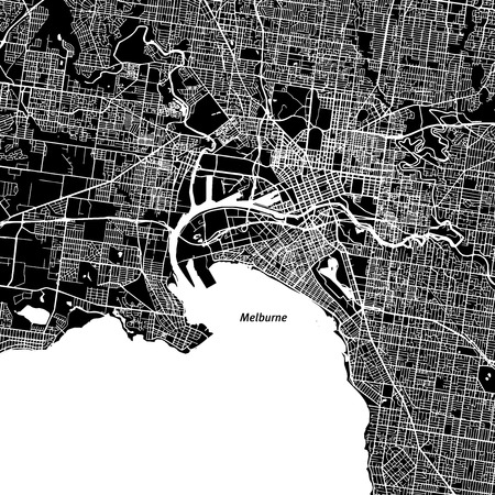 Melbourne Vector Map, Artprint. Black Landmass, White Water and Roads.のイラスト素材