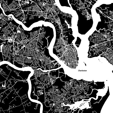 Charleston Vector Map, Artprint. Black Landmass, White Water and Roads.のイラスト素材