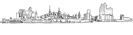 Skylinie Hamburg Port Panorama, hand-drawn Panorama Vector Outline Sketchのイラスト素材