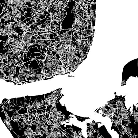 Lisbon Area Vector Map, Artprint. Black Landmass, White Water and Roads.のイラスト素材