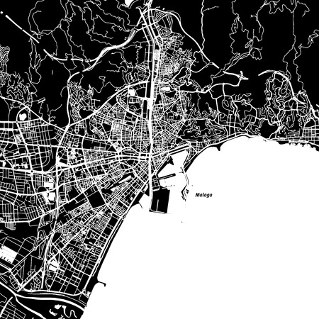 Malaga Vector Map, Artprint. Black Landmass, White Water and Roads.のイラスト素材