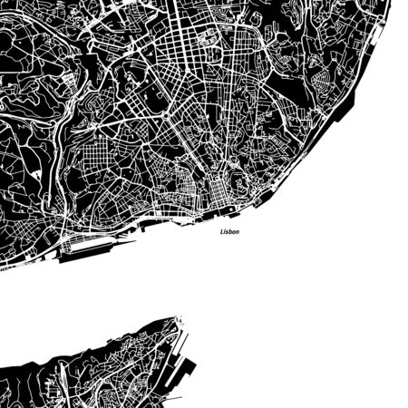 Lisbon Vector Map, Artprint. Black Landmass, White Water and Roads.のイラスト素材