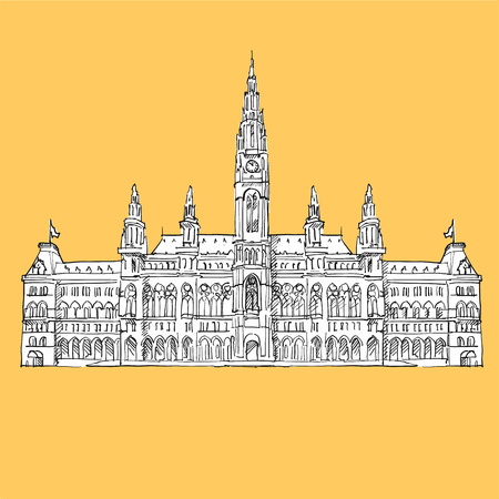 Vienna City Hall Vector Sketch, Hand-drawn Outline Illustration with white Background Shapeのイラスト素材