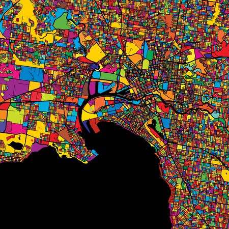 Melbourne Colorful Vector Map on Black, Artprint. printable outline Version, ready for color change, Separated On White.のイラスト素材