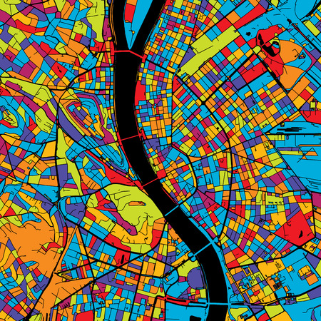 Budapest Colorful Vector Map on Black, Artprint. printable outline Version, ready for color change, Separated On White.のイラスト素材