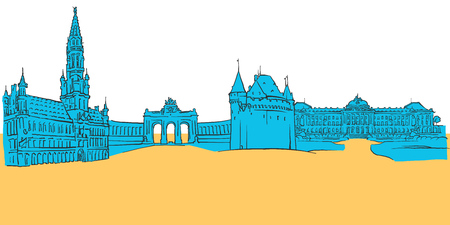 Brussels Belgium Colored Panorama, Filled with Blue Shape and Yellow Highlights. Scalable Urban Cityscape Vector Illustrationのイラスト素材
