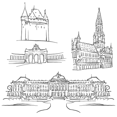 Brussels Belgium Famous Buildings, Monochrome Outlined Travel Landmarks, Scalable Vector Illustrationのイラスト素材