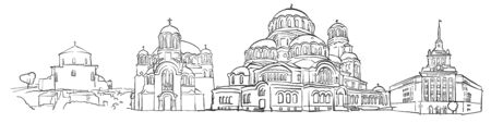 Sofia Bulgaria Panorama Sketch, Monochrome Urban Cityscape Vector Artprintのイラスト素材