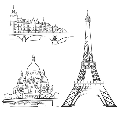 Paris France Famous Buildings, Monochrome Outlined Travel Landmarks, Scalable Vector Illustrationのイラスト素材