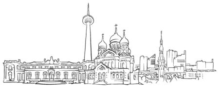 Tallinn Estonia Panorama Sketch, Monochrome Urban Cityscape Vector Artprint.のイラスト素材