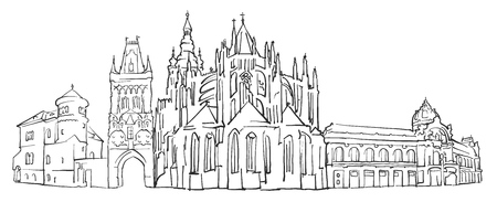 Prague Czech Republic Panorama Sketch, Monochrome Urban Cityscape Vector Artprintのイラスト素材
