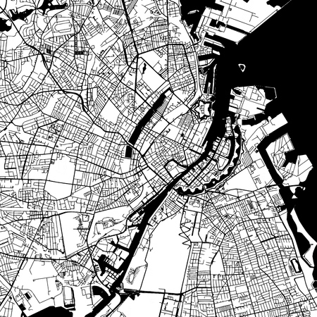 Copenhagen Denmark Vector Map Monochrome Artprint, Outline Version for Infographic Background, Black Streets and Waterwaysのイラスト素材