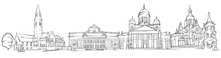 Helsinki Finland Panorama Sketch, Monochrome Urban Cityscape Vector Artprintのイラスト素材
