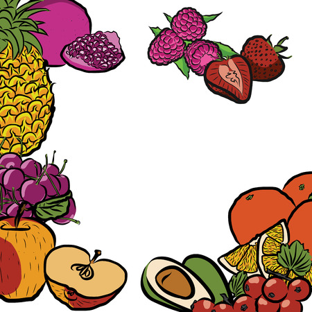 Fresh Summer Fruits in Circle Colored Artwork separated on White, Fresh Food Collection, Handdrawn Clean Summer Sketchのイラスト素材