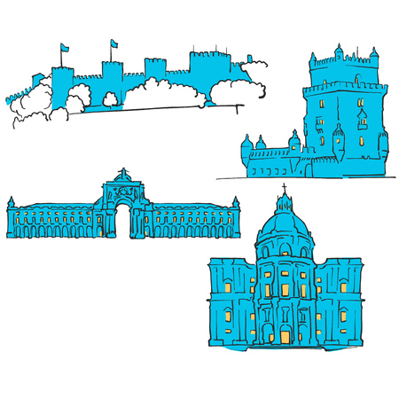Lisbon, Portugal, Colored Landmarks, Scalable Vector Monuments. Filled with Blue Shape and Yellow Highlights.のイラスト素材