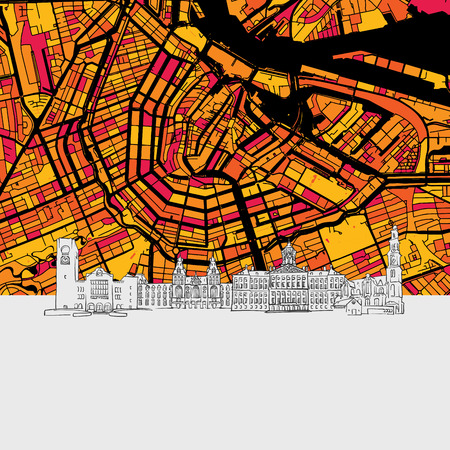 Amsterdam, Netherlands, Skyline Map, Modern Colourful Art Print with Historic Cityscape Landmarksのイラスト素材