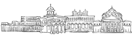 Bucharest, Romania, Panorama Sketch, Monochrome Urban Cityscape Vector Artprintのイラスト素材