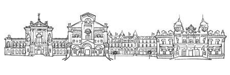 Monaco, Panorama Sketch, Monochrome Urban Cityscape Vector Artprintのイラスト素材