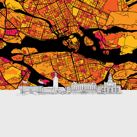 Stockholm Skyline Map, Modern Colourful Art Print with Historic Cityscape Landmarksのイラスト素材