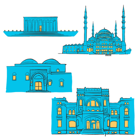 Ankara, Turkey, Colored Landmarks, Scalable Vector Monuments. Filled with Blue Shape and Yellow Highlights.のイラスト素材
