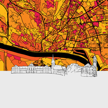 Bratislava Skyline Map, Modern Colourful Art Print with Historic Cityscape Landmarksのイラスト素材