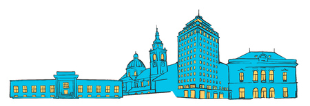 Ljubljana Colored Panorama, Filled with Blue Shape and Yellow Highlights. Scalable Urban Cityscape Vector Illustrationのイラスト素材