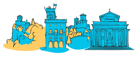 San Marino Colored Panorama, Filled with Blue Shape and Yellow Highlights. Scalable Urban Cityscape Vector Illustrationのイラスト素材