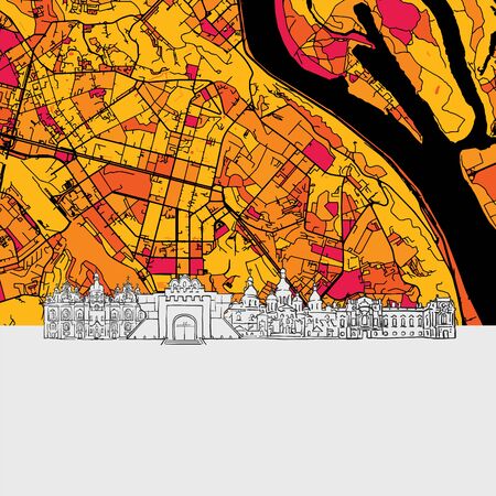 Kyiv Skyline Map, Modern Colourful Art Print with Historic Cityscape Landmarksのイラスト素材