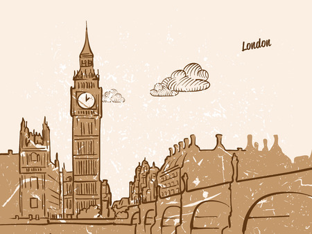 London, United Kingdom, Greeting Card, hand drawn image, famous european capital, vintage style, vector Illustrationのイラスト素材