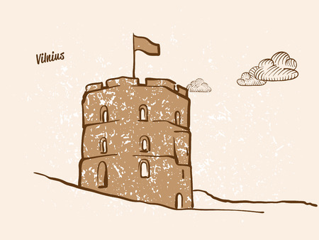 Vilnius, Lithuania, Greeting Card, hand drawn image, famous european capital, vintage style, vector Illustrationのイラスト素材